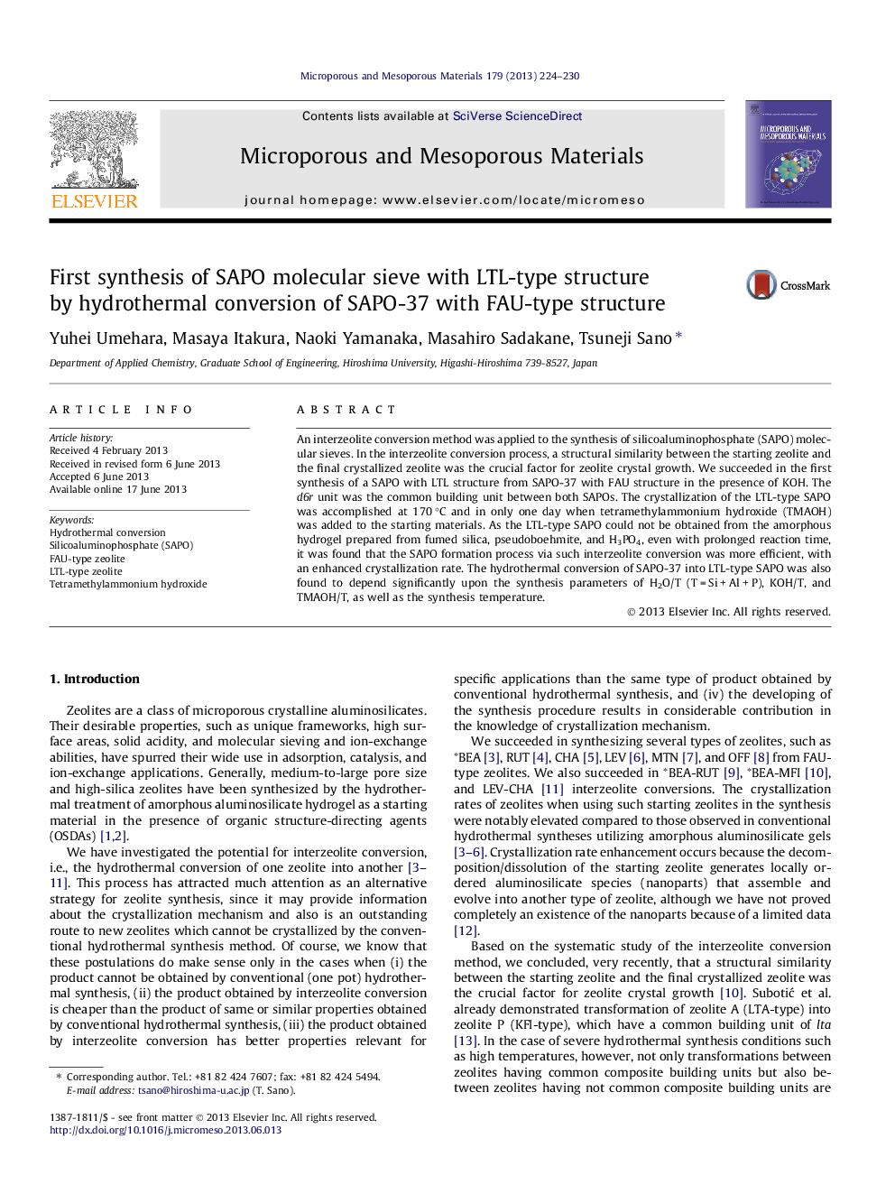 First synthesis of SAPO molecular sieve with LTL-type structure by hydrothermal conversion of SAPO-37 with FAU-type structure