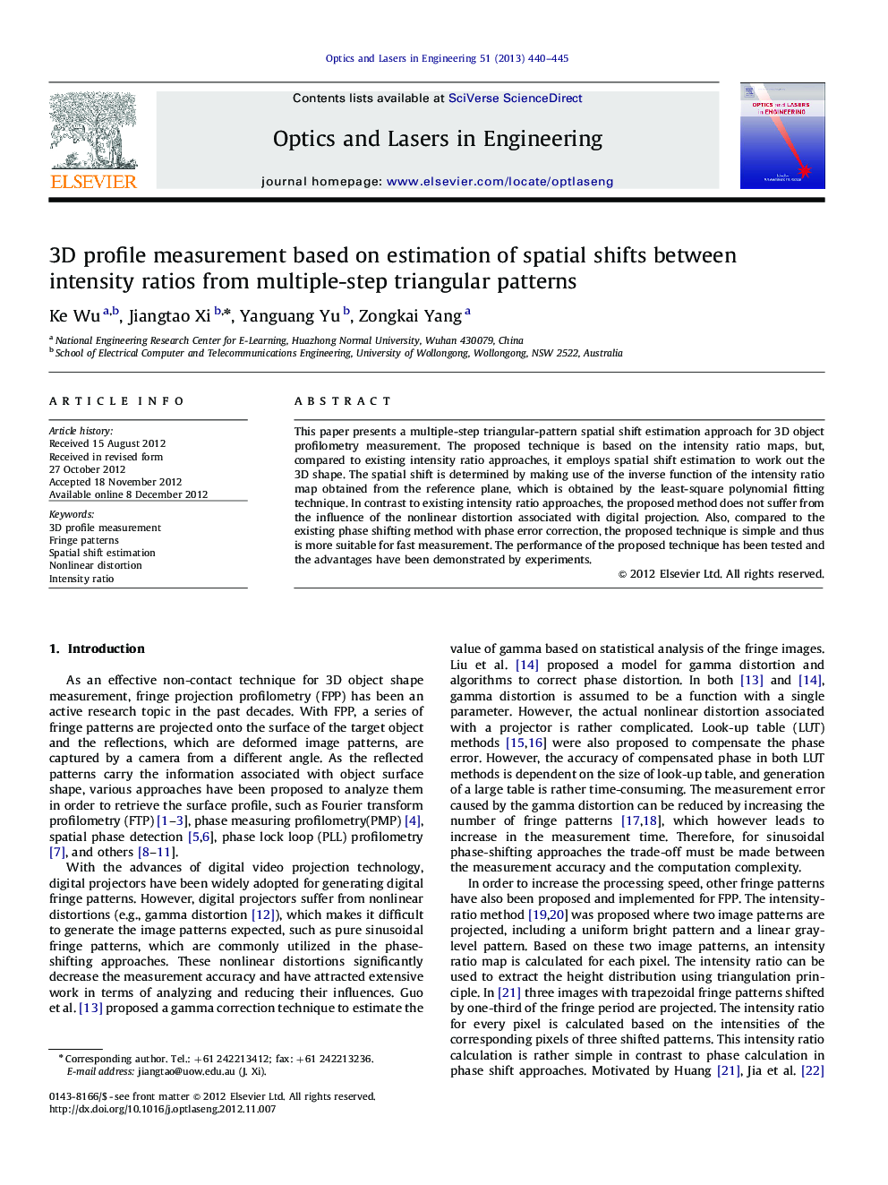 3D profile measurement based on estimation of spatial shifts between intensity ratios from multiple-step triangular patterns