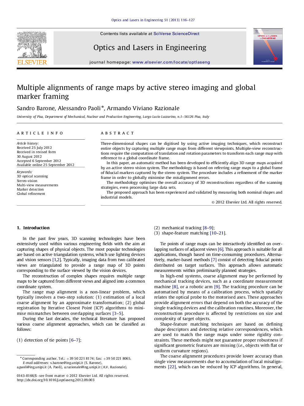 Multiple alignments of range maps by active stereo imaging and global marker framing