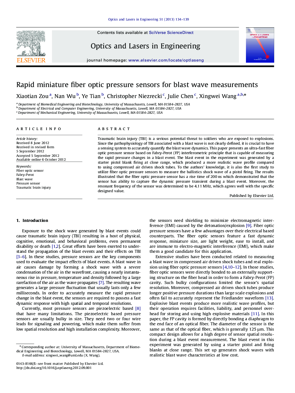 Rapid miniature fiber optic pressure sensors for blast wave measurements