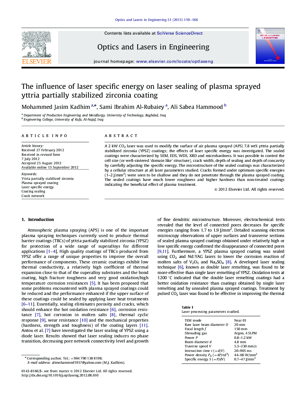 The influence of laser specific energy on laser sealing of plasma sprayed yttria partially stabilized zirconia coating