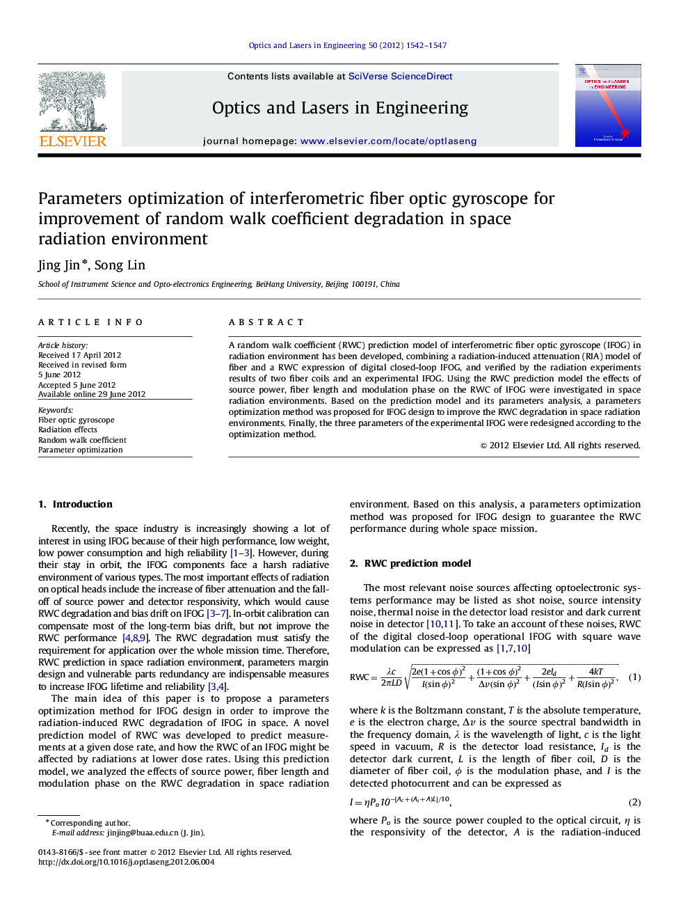 Parameters optimization of interferometric fiber optic gyroscope for improvement of random walk coefficient degradation in space radiation environment