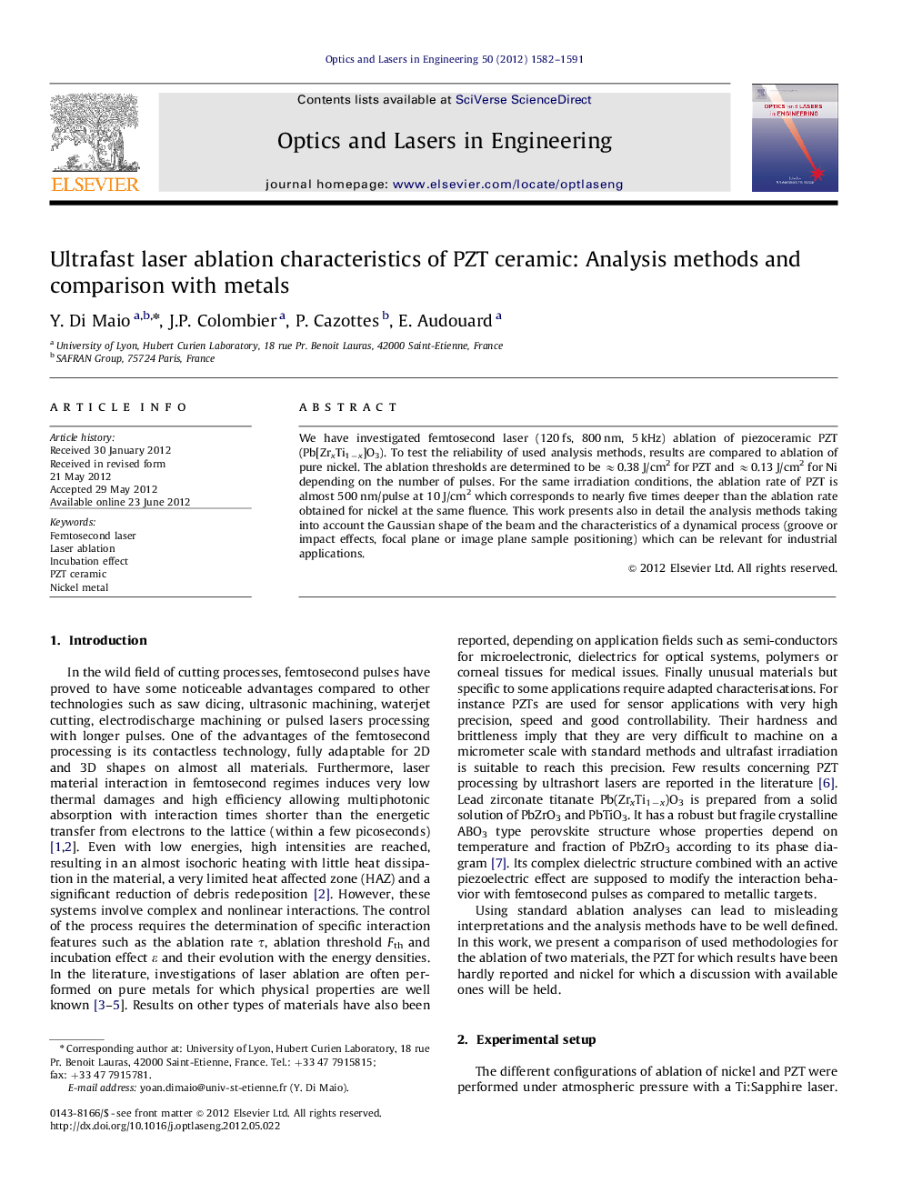 Ultrafast laser ablation characteristics of PZT ceramic: Analysis methods and comparison with metals