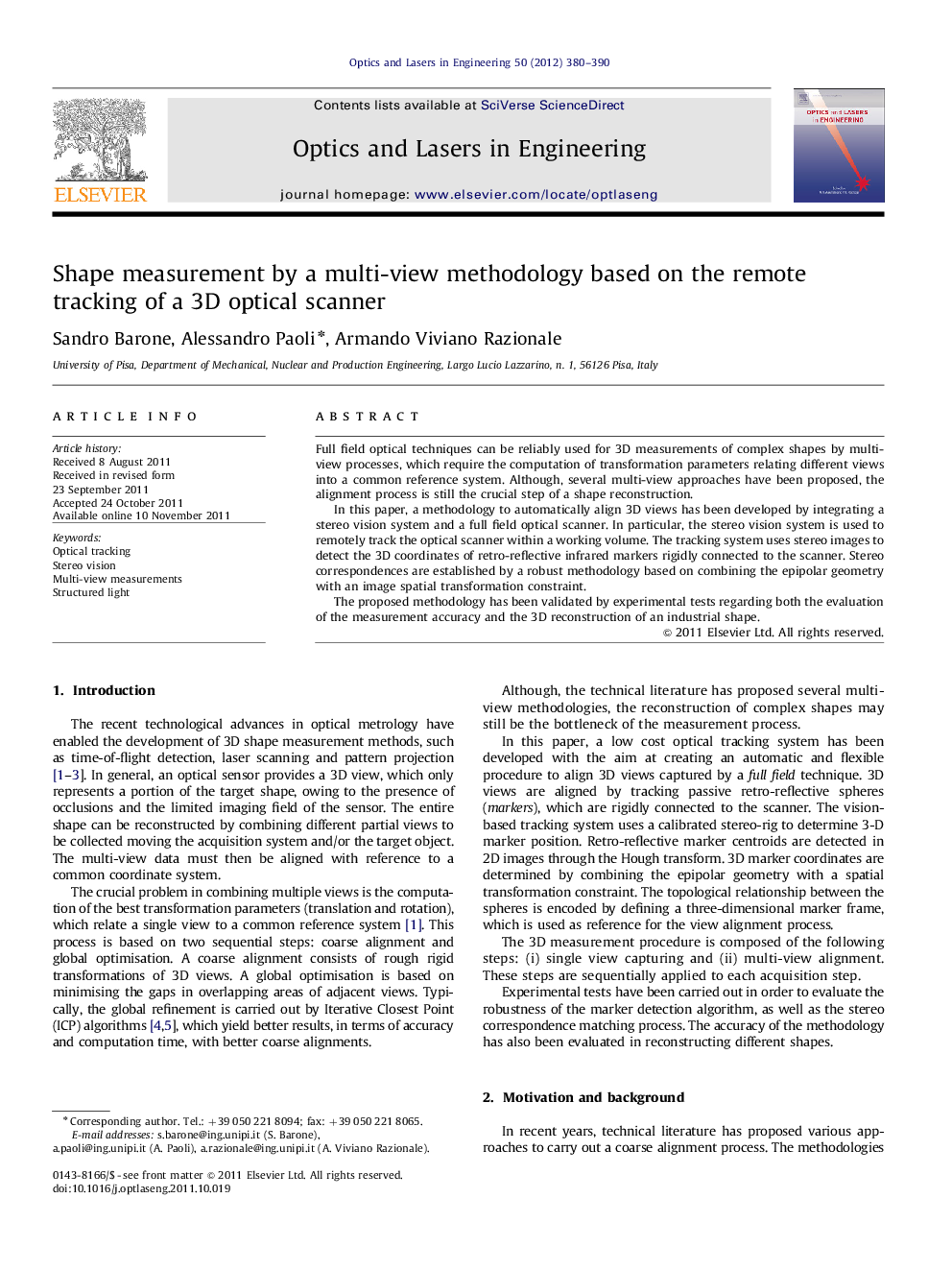 Shape measurement by a multi-view methodology based on the remote tracking of a 3D optical scanner