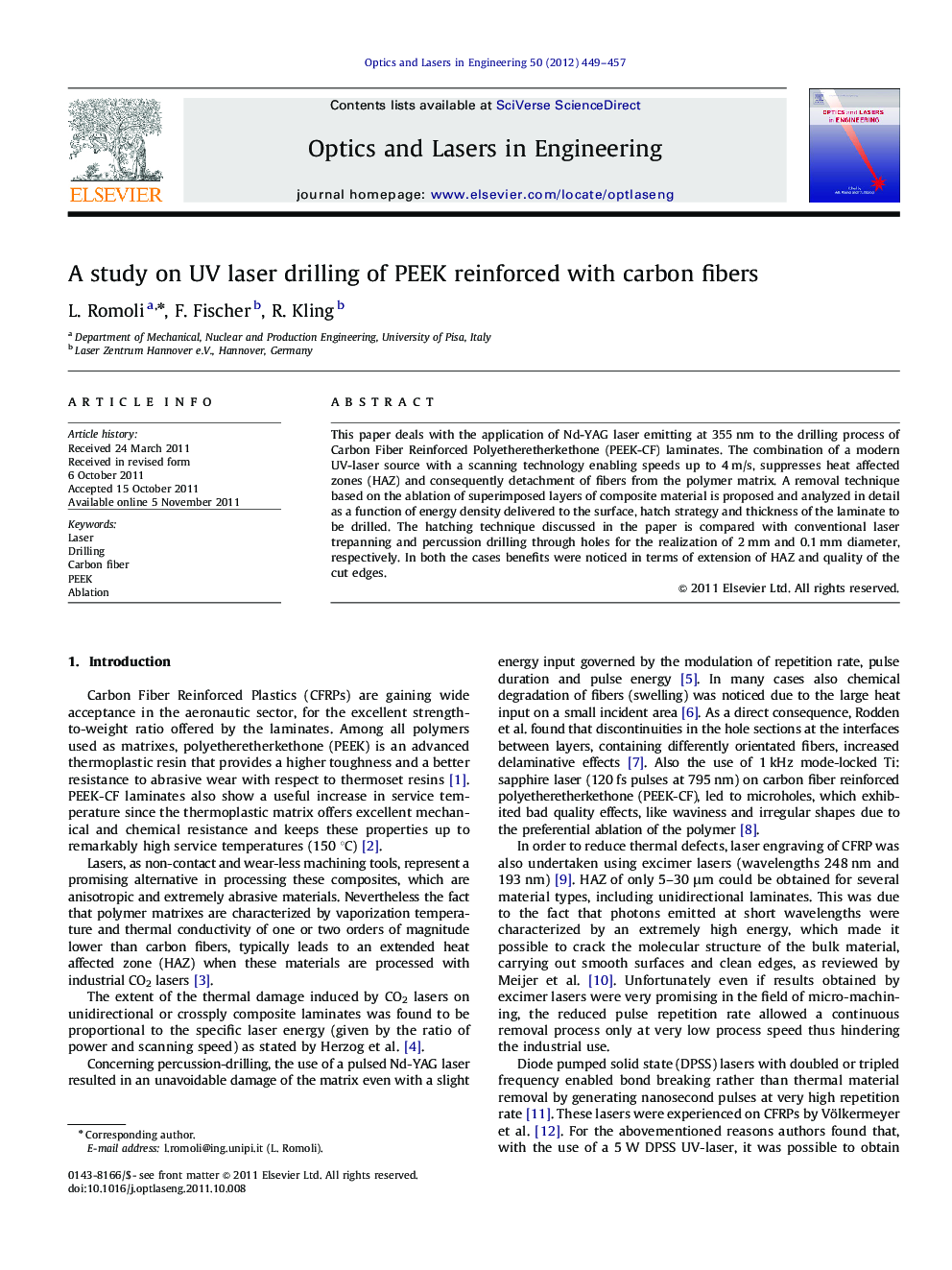 A study on UV laser drilling of PEEK reinforced with carbon fibers