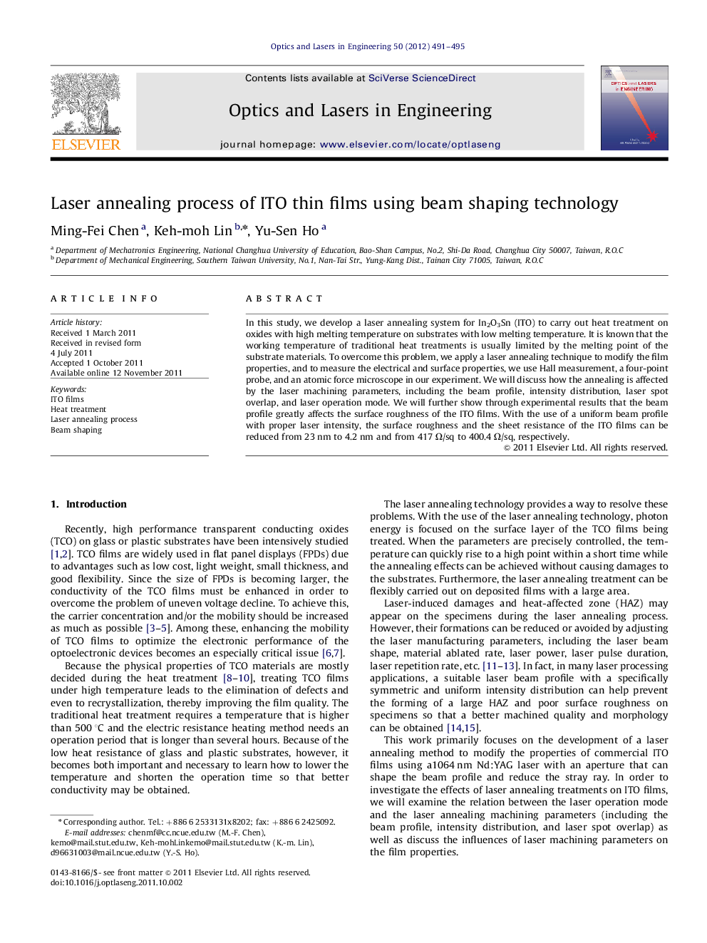 Laser annealing process of ITO thin films using beam shaping technology