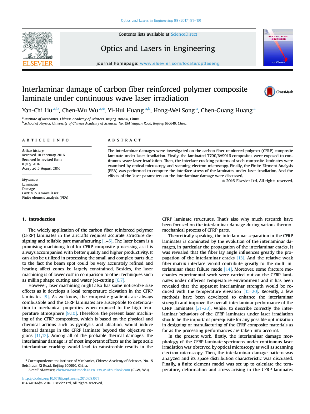 Interlaminar damage of carbon fiber reinforced polymer composite laminate under continuous wave laser irradiation