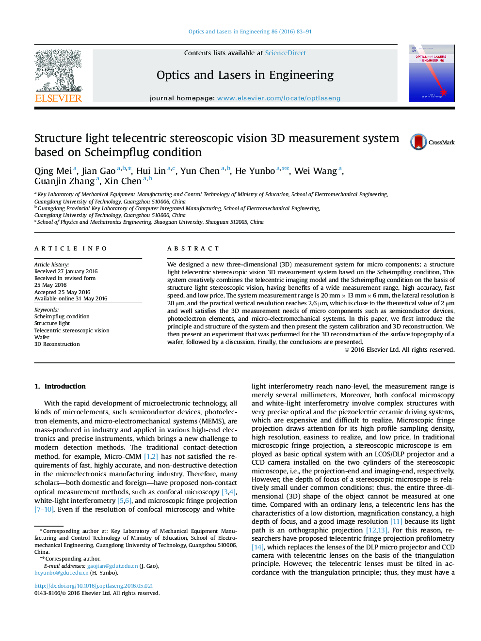 Structure light telecentric stereoscopic vision 3D measurement system based on Scheimpflug condition