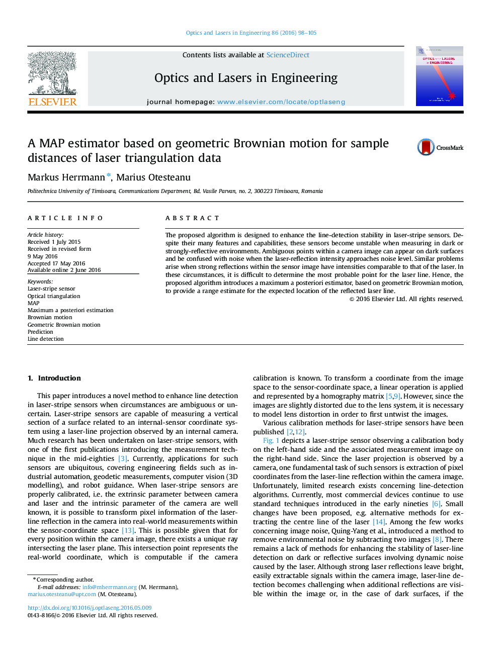 A MAP estimator based on geometric Brownian motion for sample distances of laser triangulation data