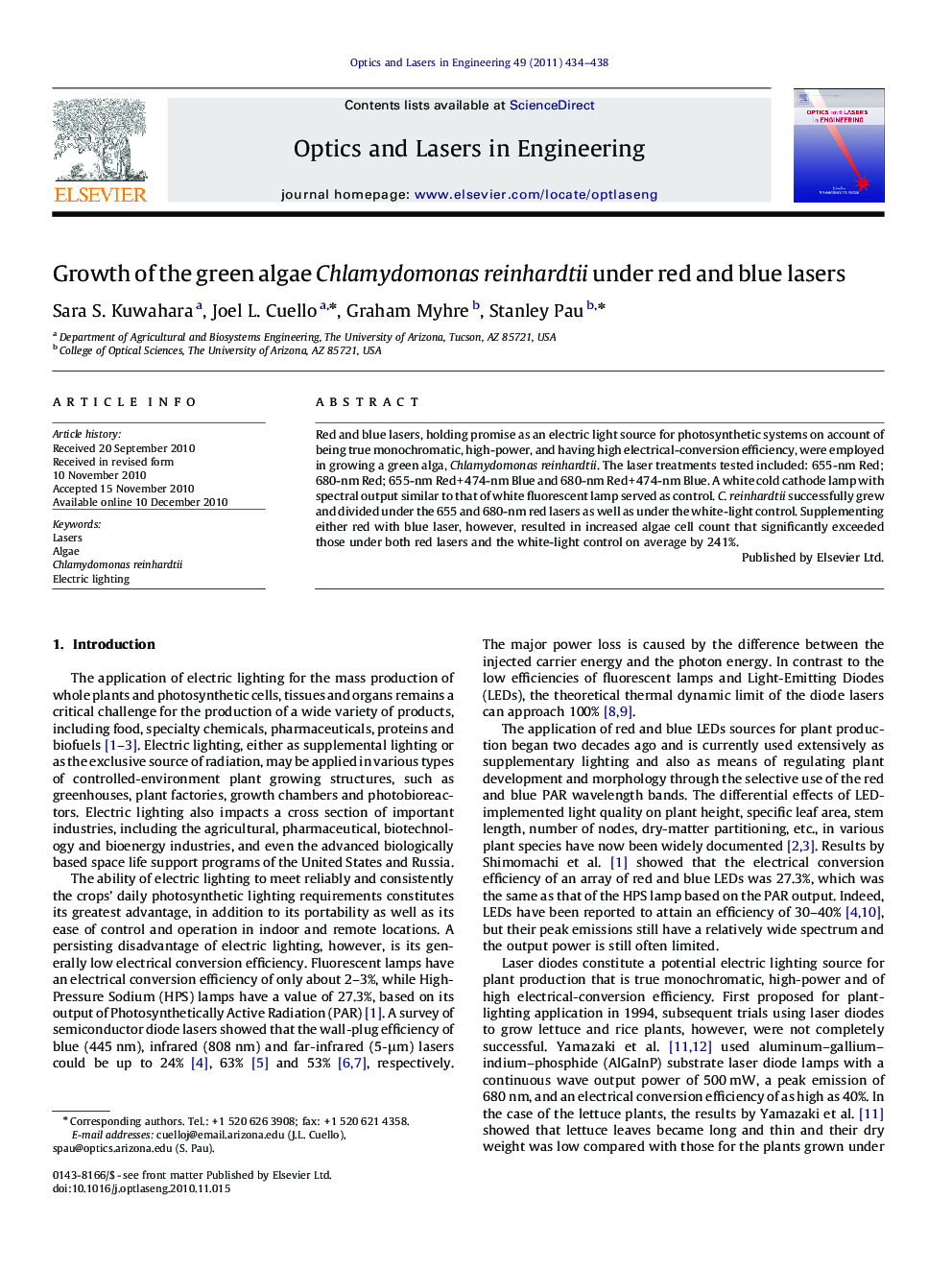 Growth of the green algae Chlamydomonas reinhardtii under red and blue lasers