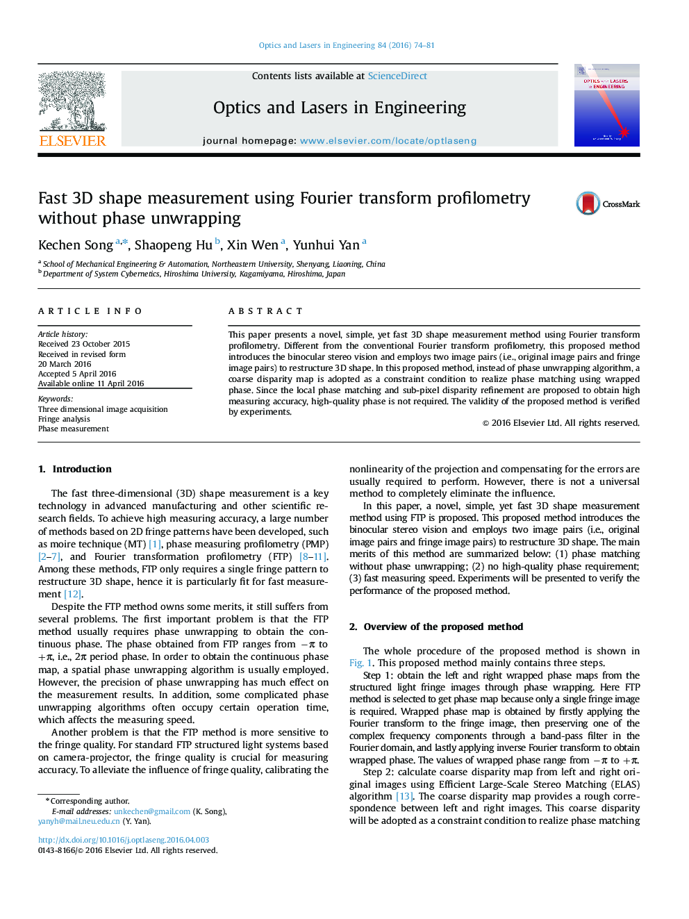 Fast 3D shape measurement using Fourier transform profilometry without phase unwrapping