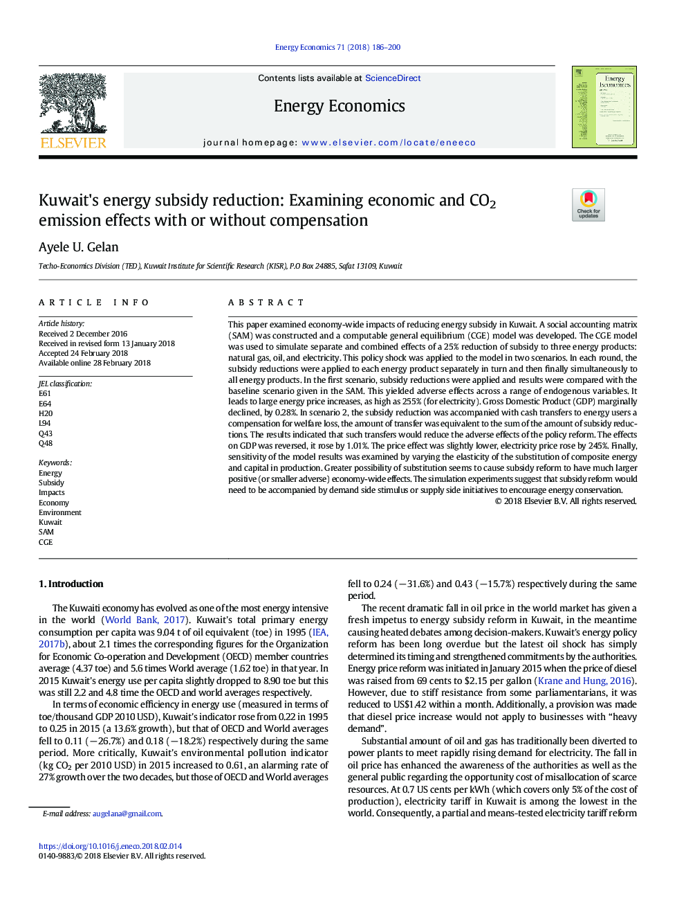 Kuwait's energy subsidy reduction: Examining economic and CO2 emission effects with or without compensation