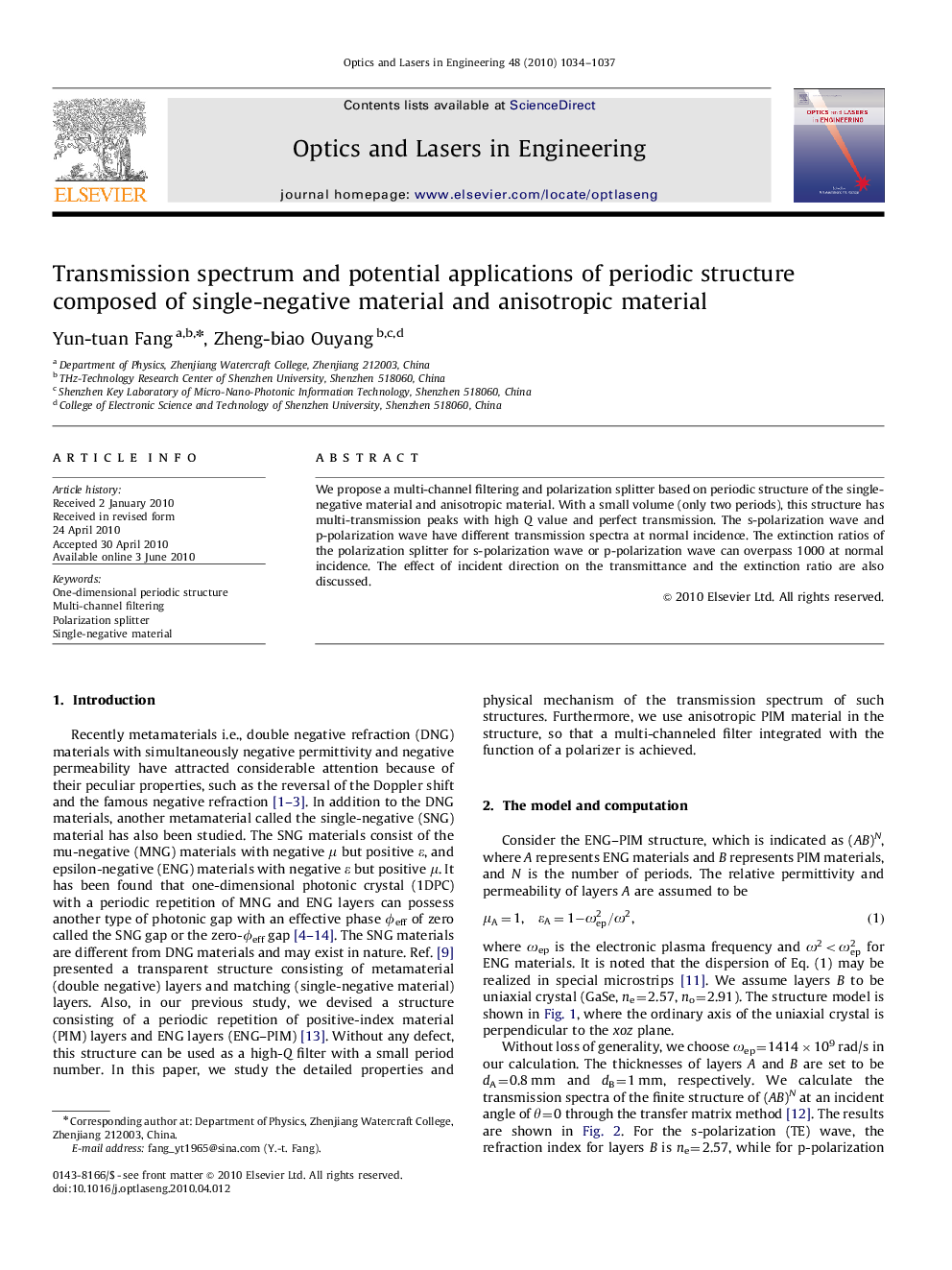 Transmission spectrum and potential applications of periodic structure composed of single-negative material and anisotropic material