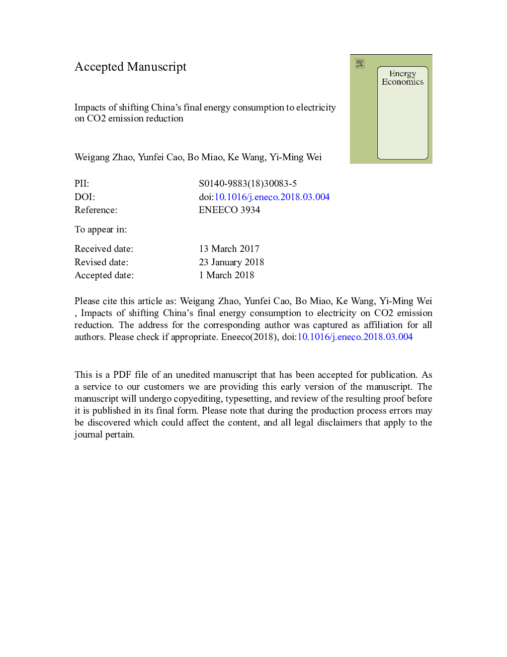 Impacts of shifting China's final energy consumption to electricity on CO2 emission reduction