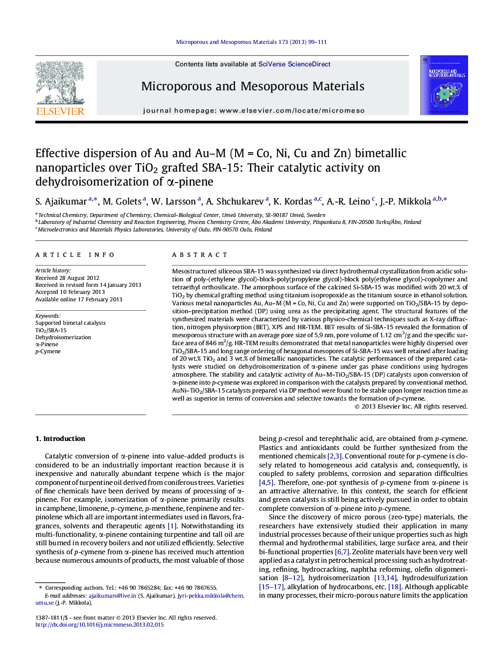 Effective dispersion of Au and Au–M (M = Co, Ni, Cu and Zn) bimetallic nanoparticles over TiO2 grafted SBA-15: Their catalytic activity on dehydroisomerization of α-pinene