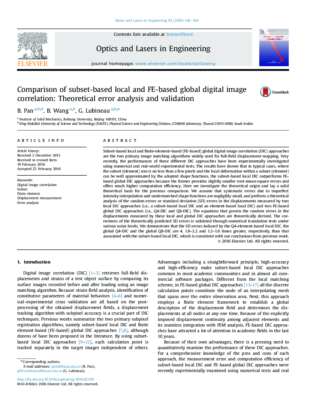 Comparison of subset-based local and FE-based global digital image correlation: Theoretical error analysis and validation