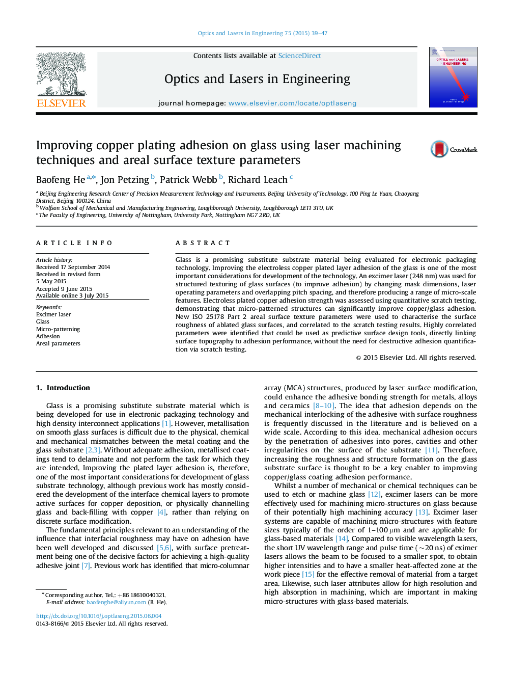 Improving copper plating adhesion on glass using laser machining techniques and areal surface texture parameters