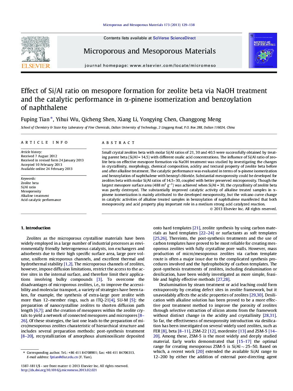 Effect of Si/Al ratio on mesopore formation for zeolite beta via NaOH treatment and the catalytic performance in α-pinene isomerization and benzoylation of naphthalene