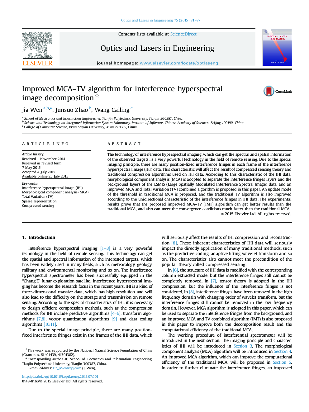 Improved MCA–TV algorithm for interference hyperspectral image decomposition 