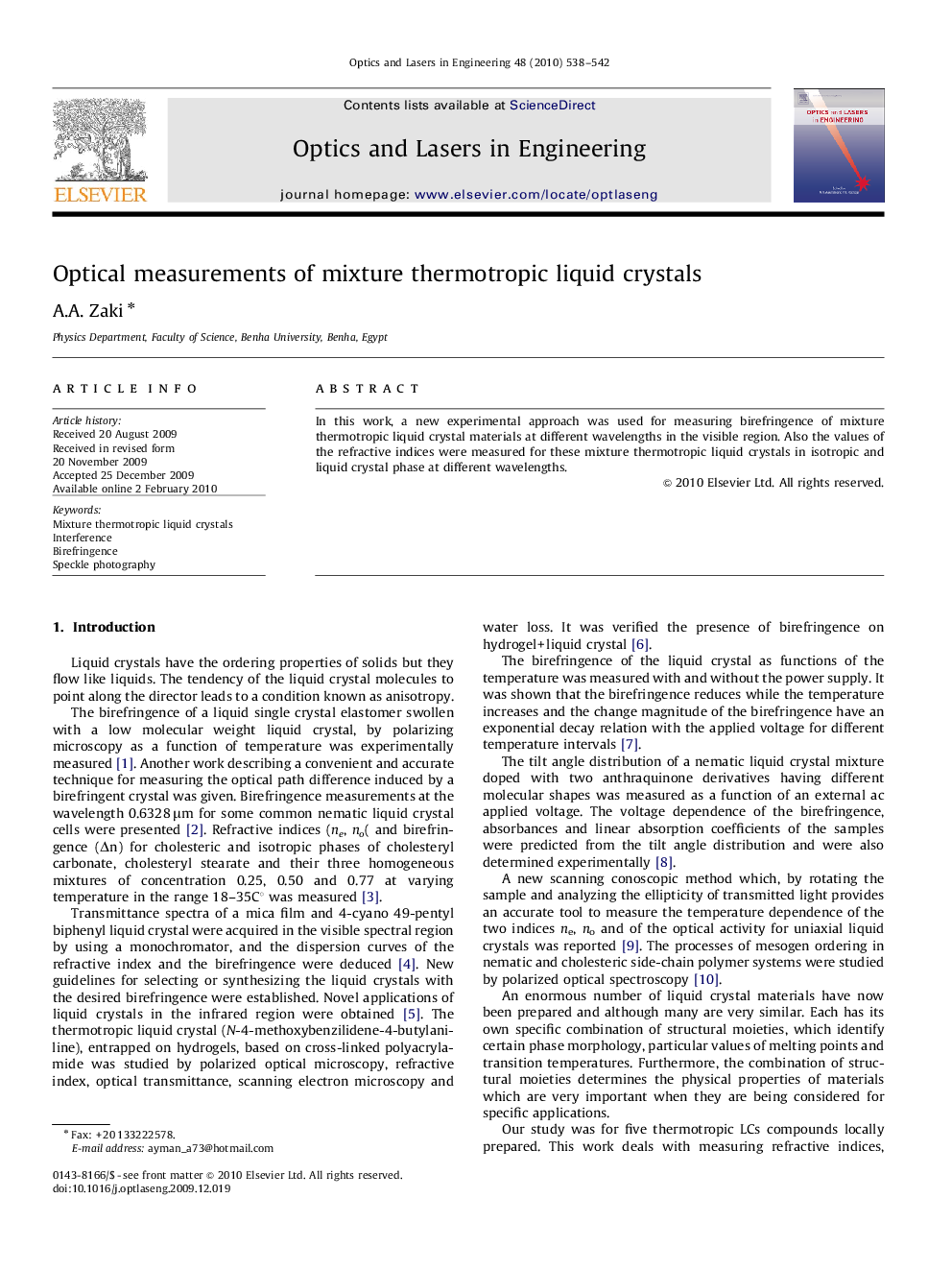 Optical measurements of mixture thermotropic liquid crystals