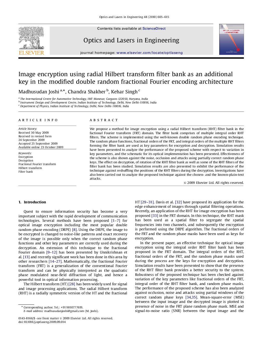 Image encryption using radial Hilbert transform filter bank as an additional key in the modified double random fractional Fourier encoding architecture