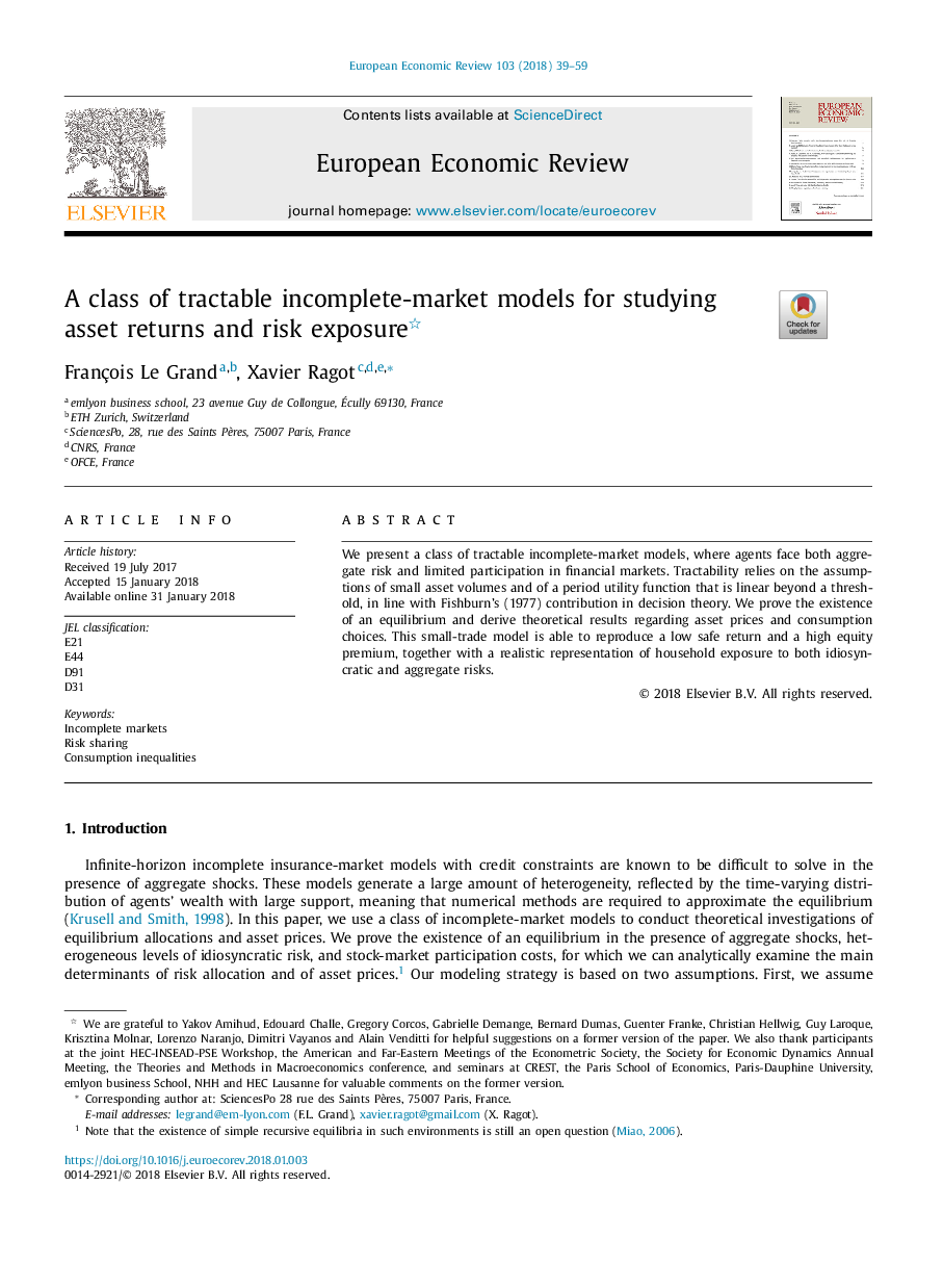 یک کلاس از مدل های بازار ناقص قابل بررسی برای بررسی بازده دارایی ها و قرار گرفتن در معرض خطر 