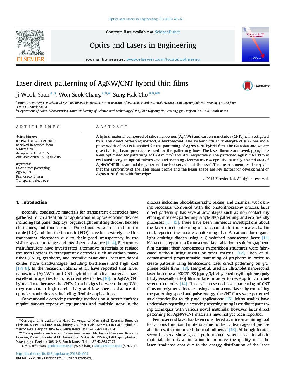 Laser direct patterning of AgNW/CNT hybrid thin films