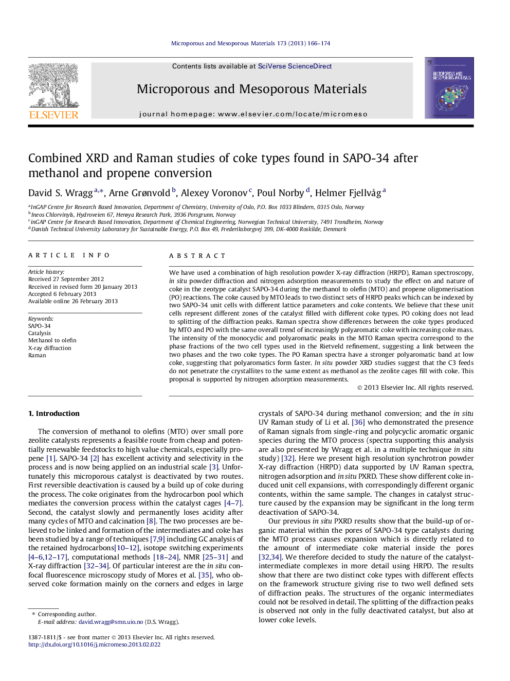 Combined XRD and Raman studies of coke types found in SAPO-34 after methanol and propene conversion