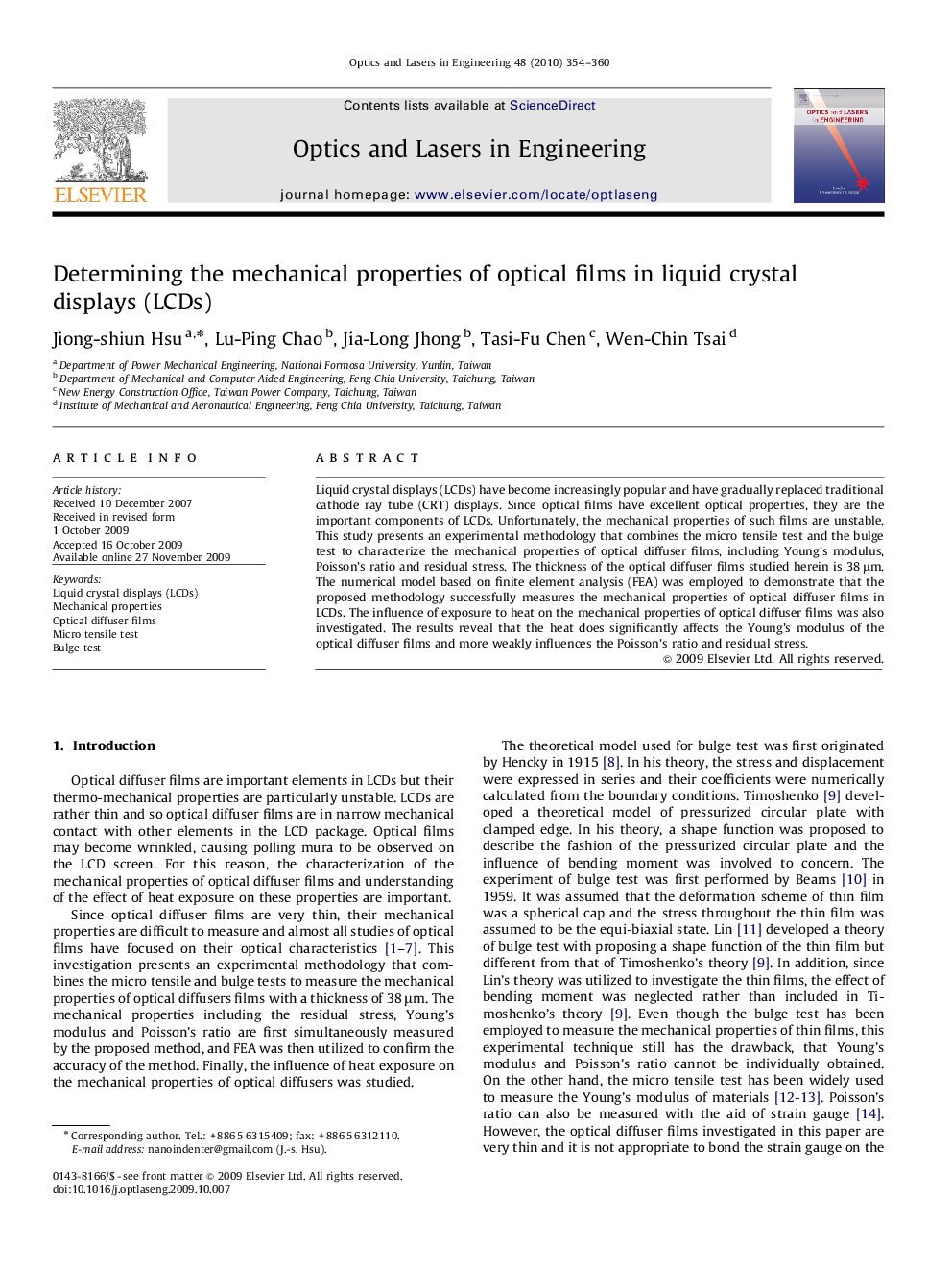 Determining the mechanical properties of optical films in liquid crystal displays (LCDs)