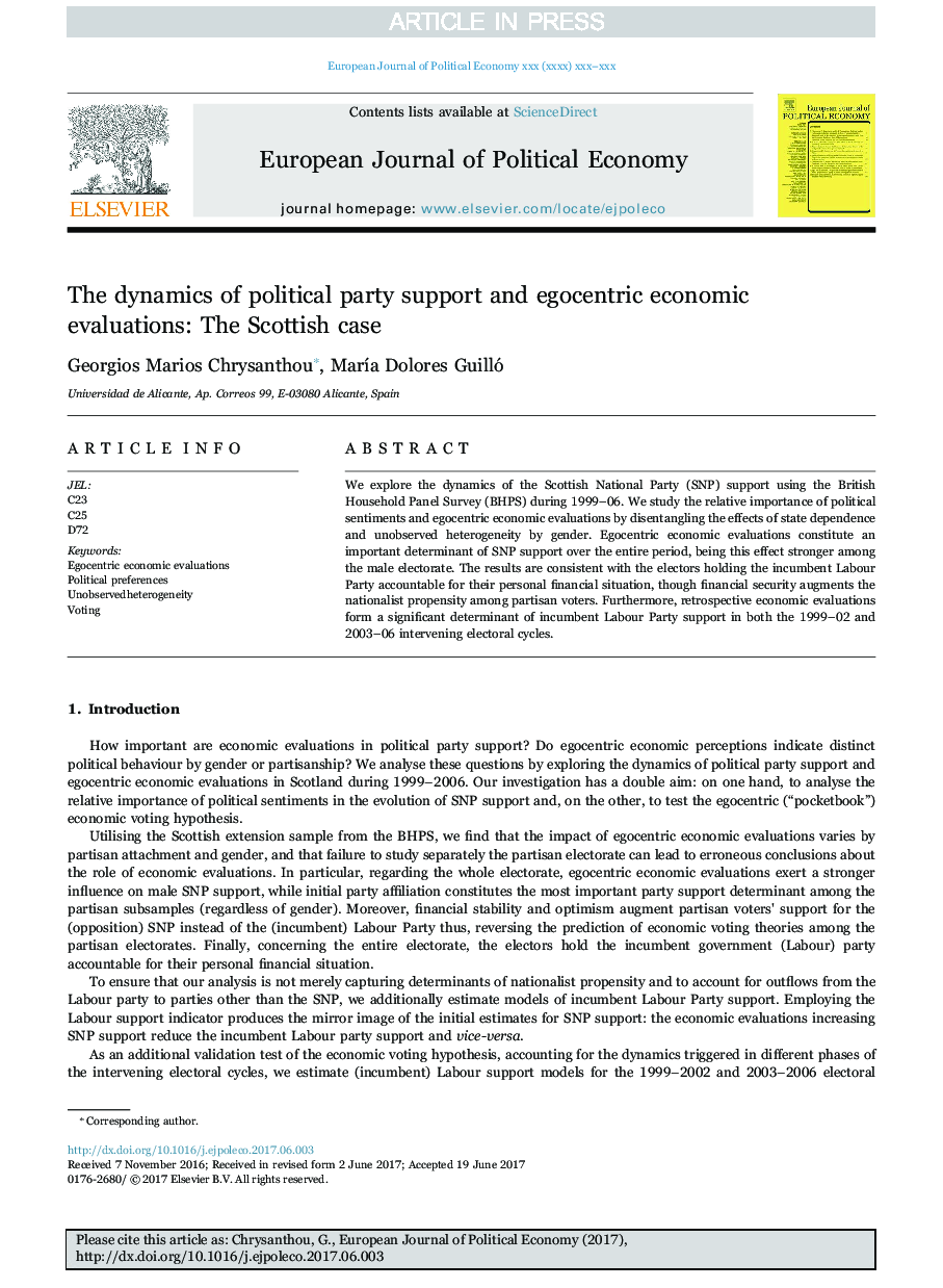 The dynamics of political party support and egocentric economic evaluations: The Scottish case