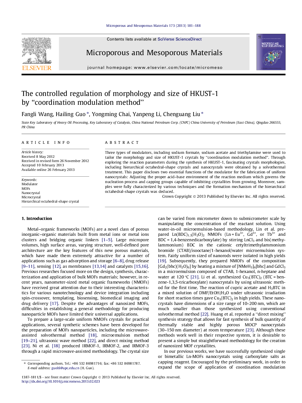 The controlled regulation of morphology and size of HKUST-1 by “coordination modulation method”