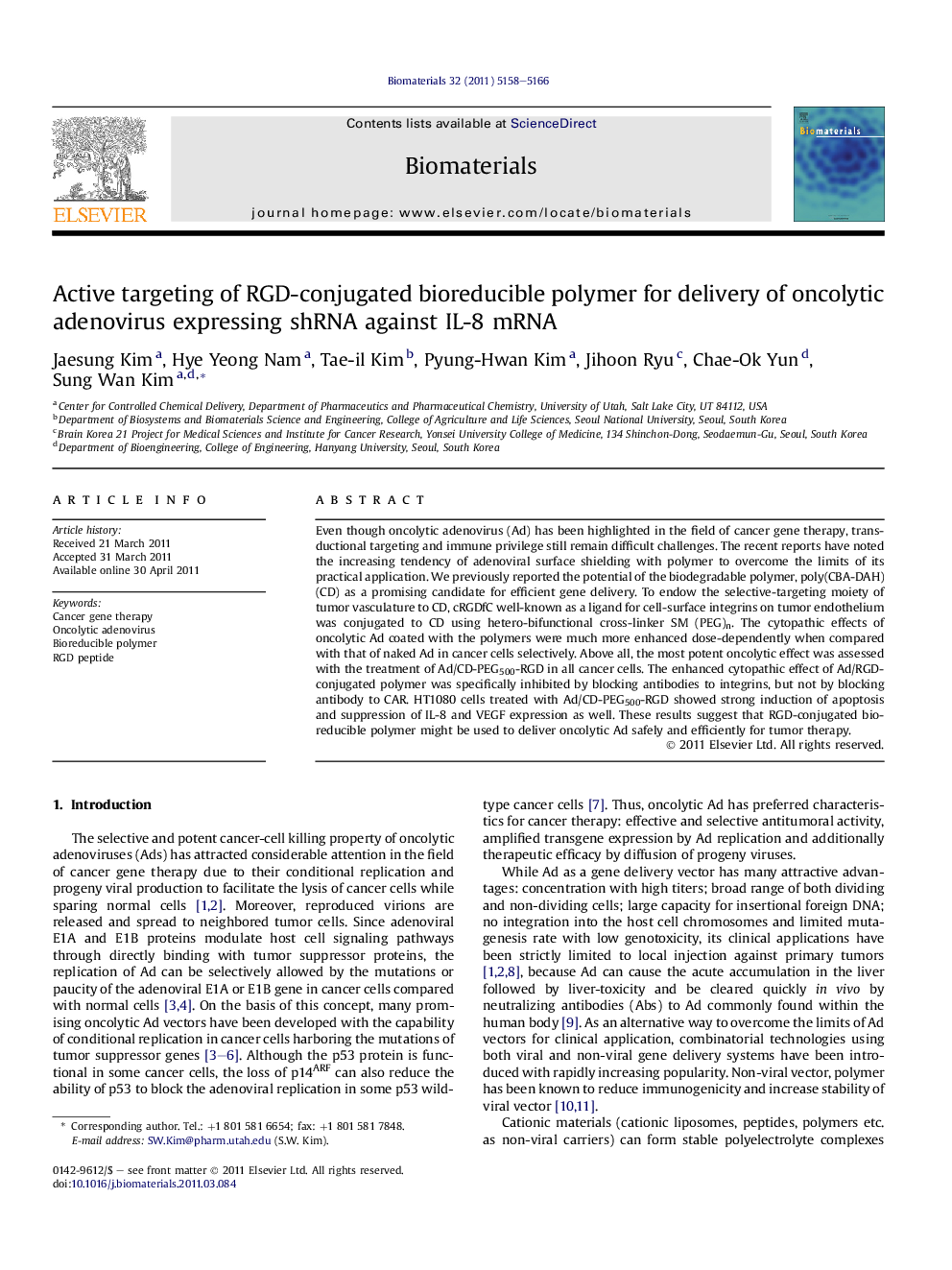 Active targeting of RGD-conjugated bioreducible polymer for delivery of oncolytic adenovirus expressing shRNA against IL-8 mRNA