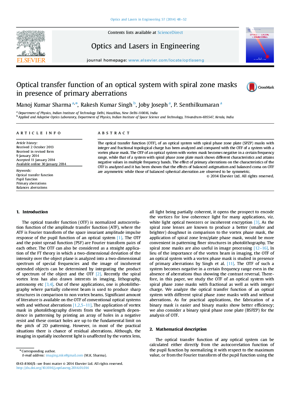 Optical transfer function of an optical system with spiral zone masks in presence of primary aberrations