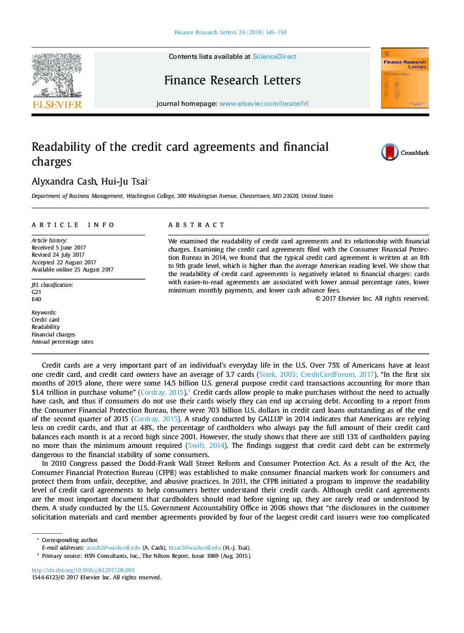 Readability of the credit card agreements and financial charges