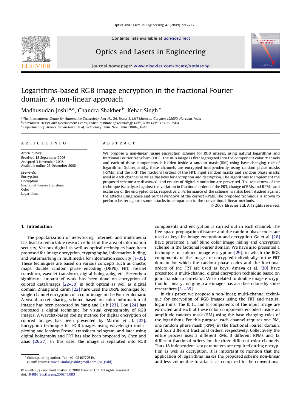 Logarithms-based RGB image encryption in the fractional Fourier domain: A non-linear approach