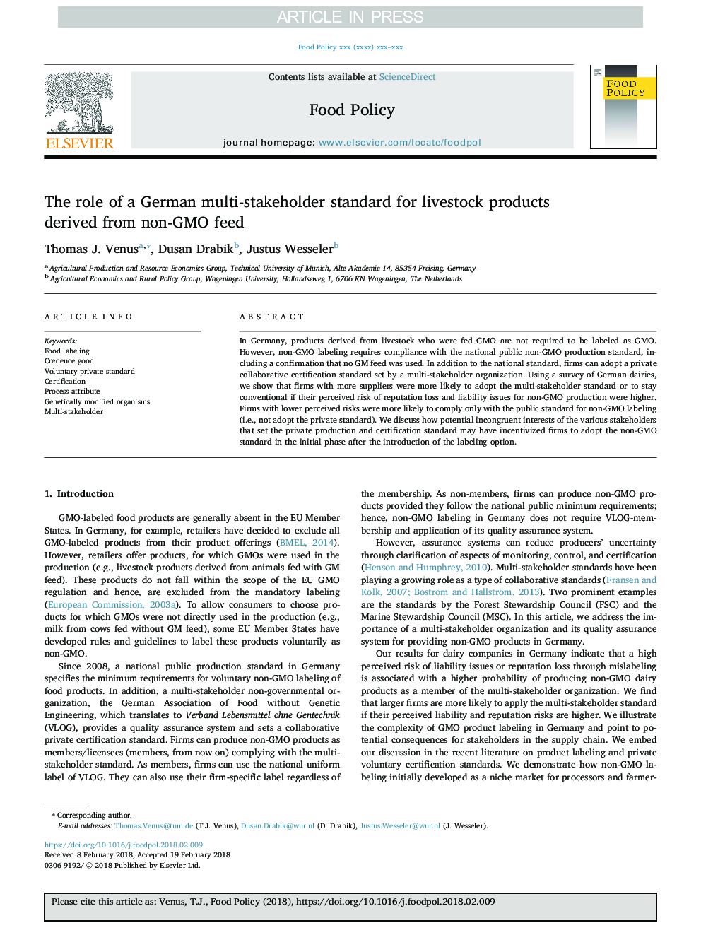 عکس صفحه اول مقاله: The role of a German multi-stakeholder standard for livestock products derived from non-GMO feed The role of a German multi-stakeholder standard for livestock products derived from non-GMO feed