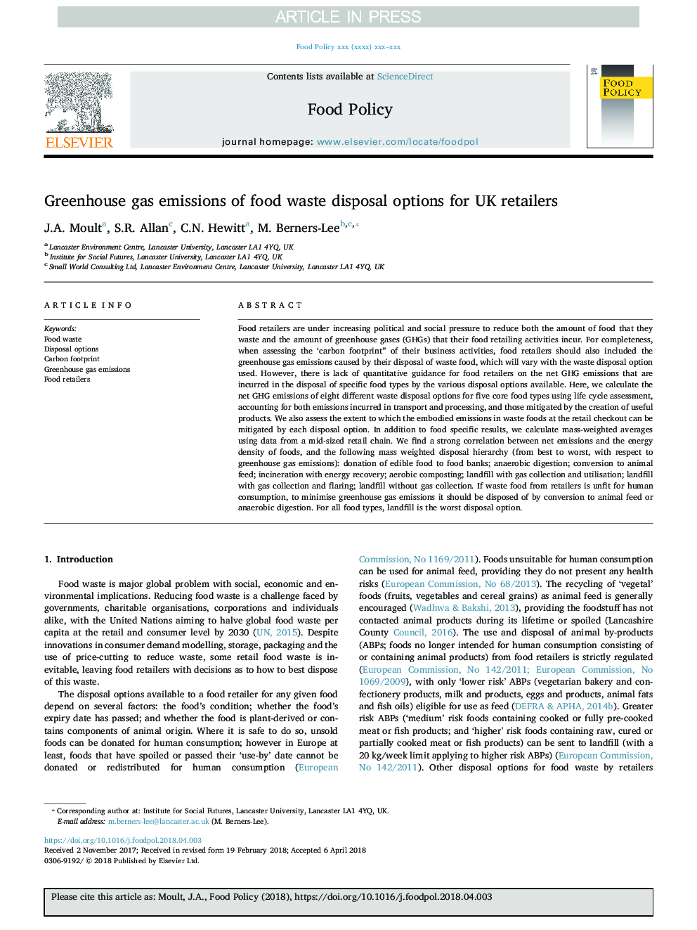 Greenhouse gas emissions of food waste disposal options for UK retailers