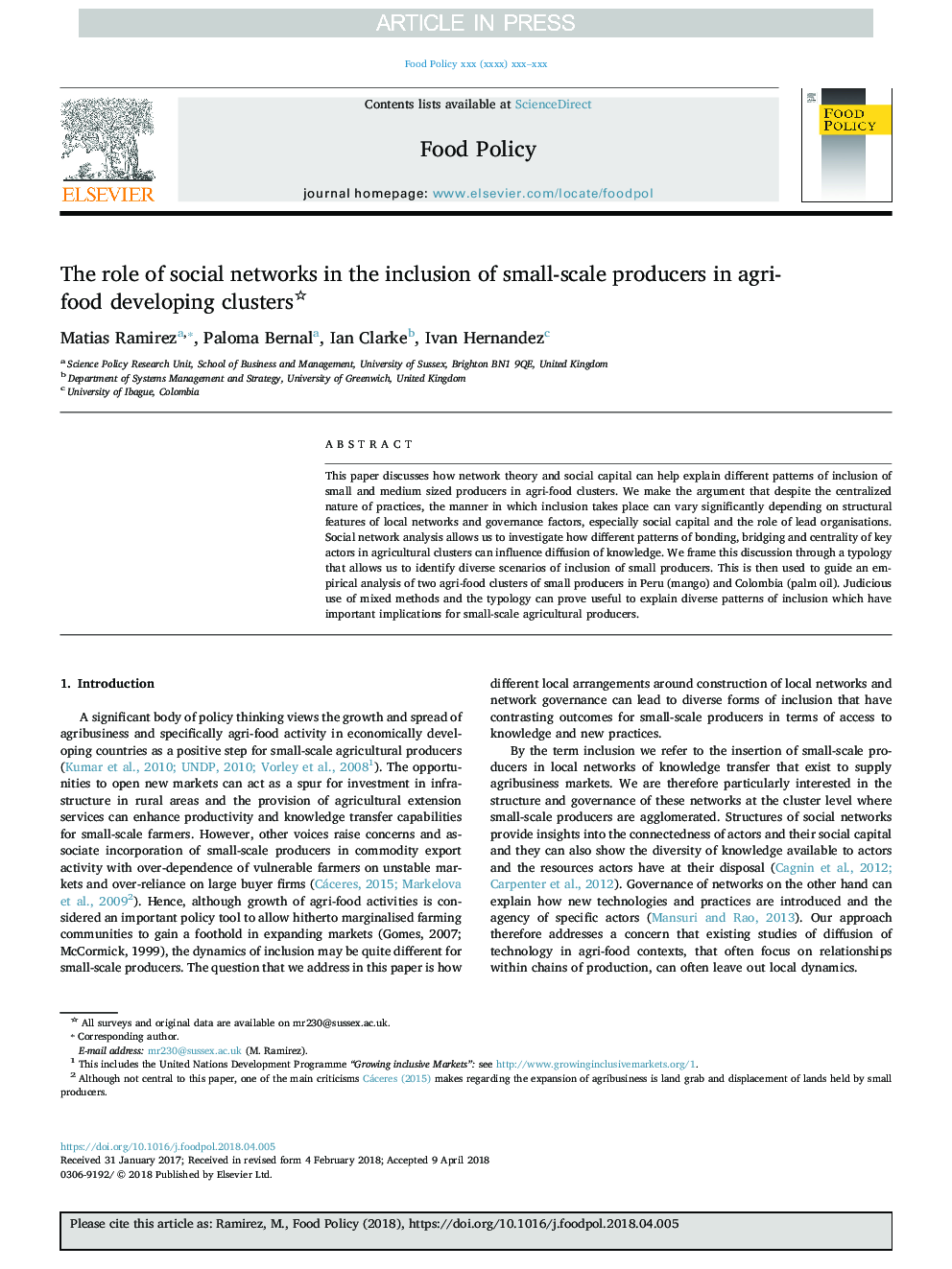 The role of social networks in the inclusion of small-scale producers in agri-food developing clusters