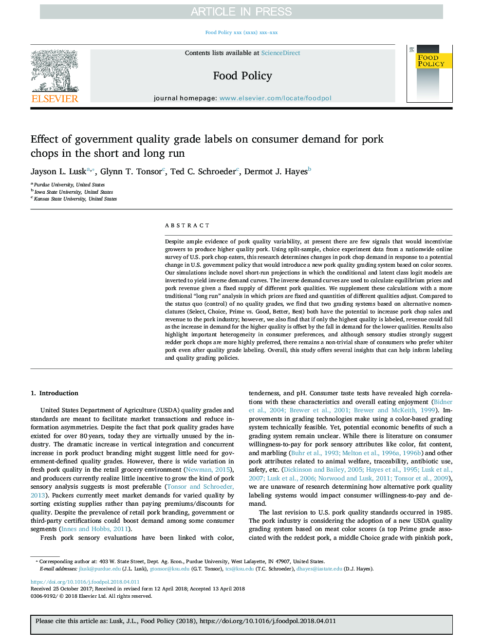 Effect of government quality grade labels on consumer demand for pork chops in the short and long run