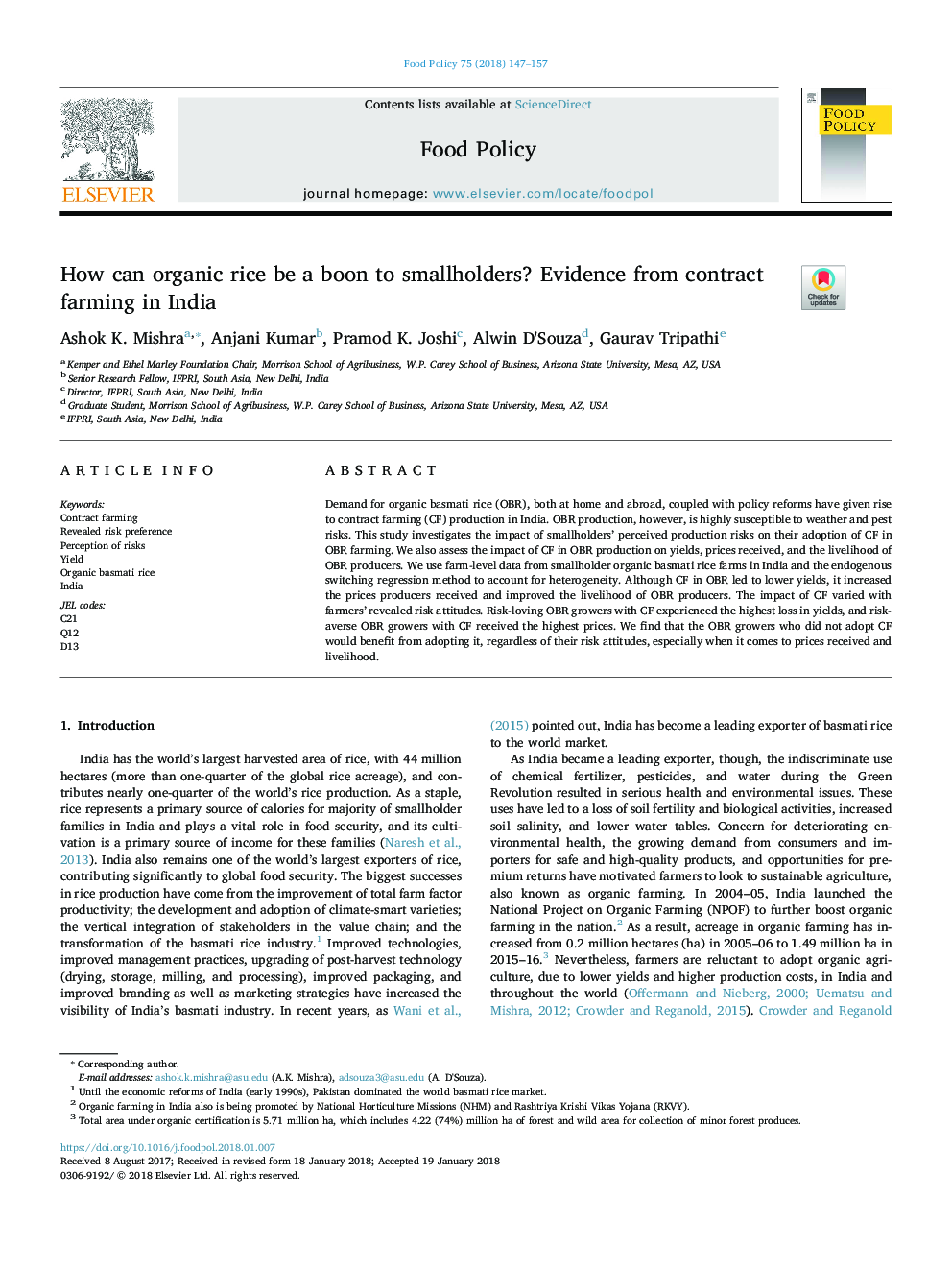 How can organic rice be a boon to smallholders? Evidence from contract farming in India