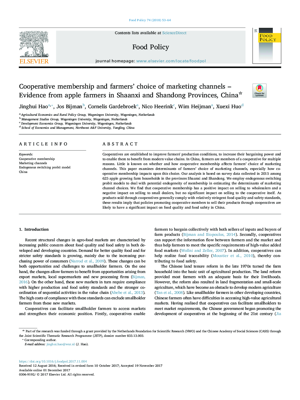 Cooperative membership and farmers' choice of marketing channels - Evidence from apple farmers in Shaanxi and Shandong Provinces, China