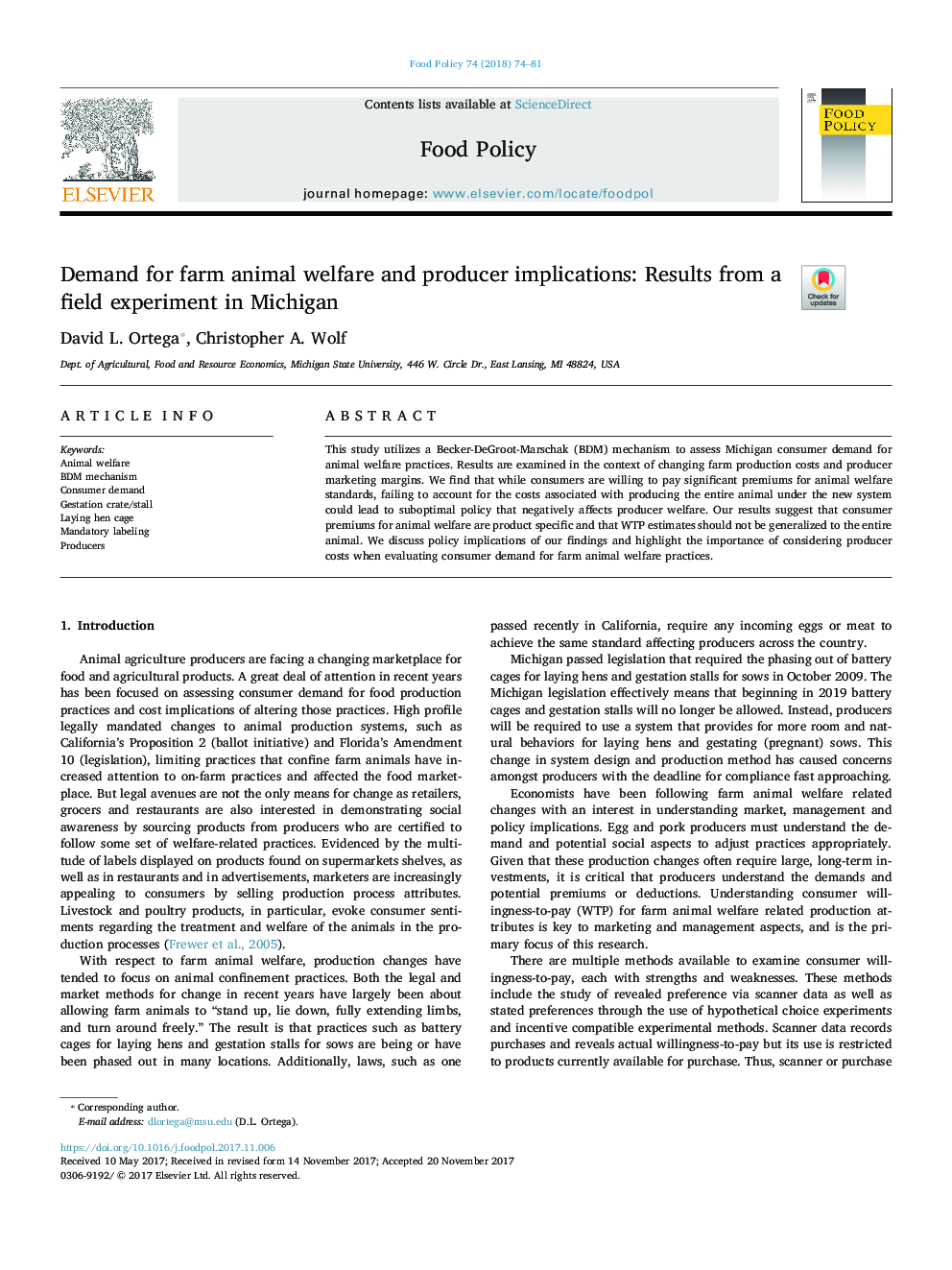 Demand for farm animal welfare and producer implications: Results from a field experiment in Michigan