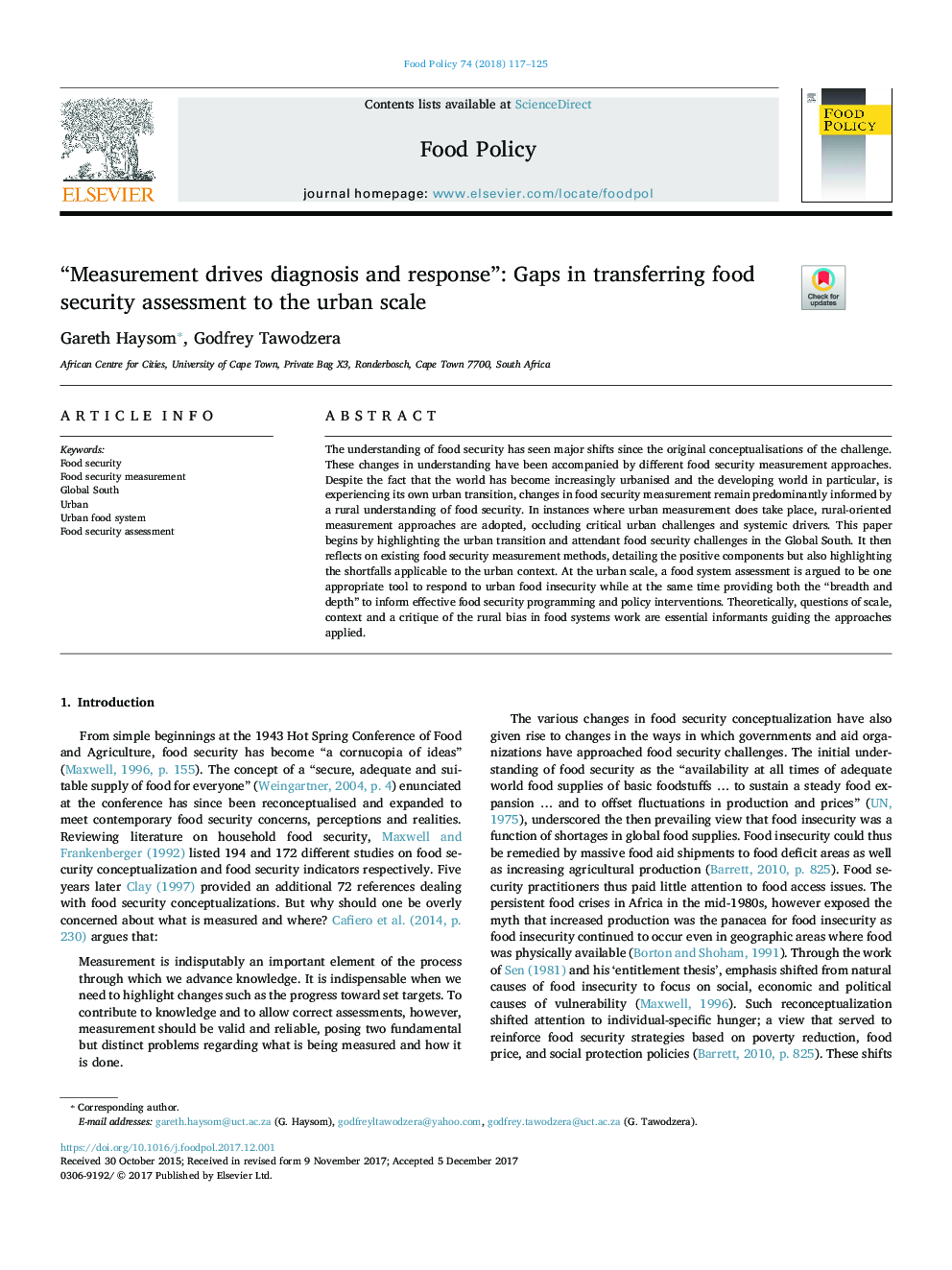 “Measurement drives diagnosis and response”: Gaps in transferring food security assessment to the urban scale