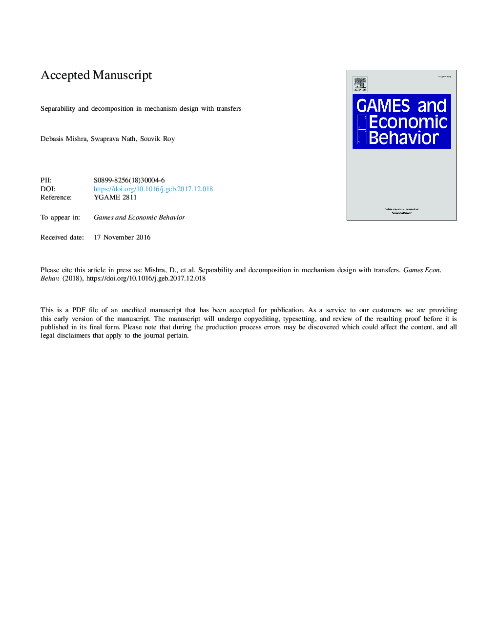 Separability and decomposition in mechanism design with transfers