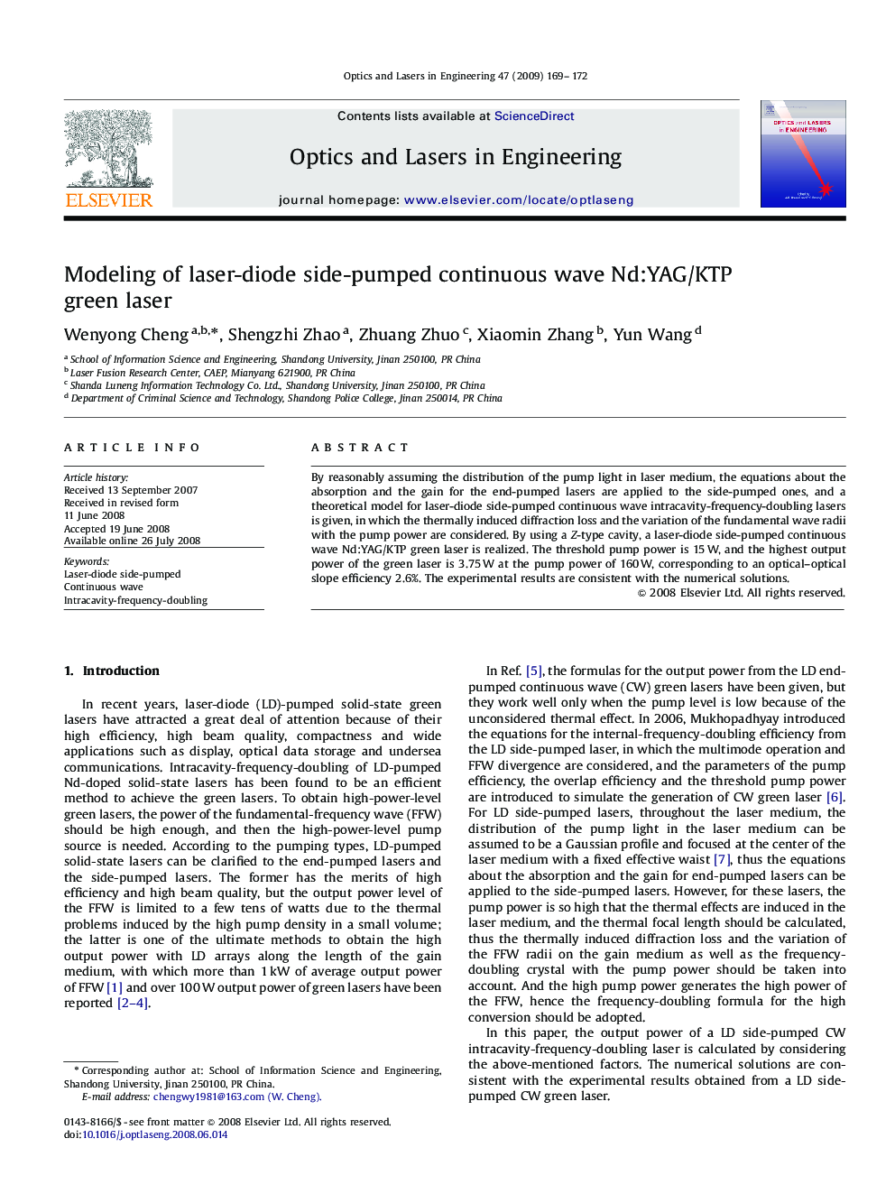 Modeling of laser-diode side-pumped continuous wave Nd:YAG/KTP green laser