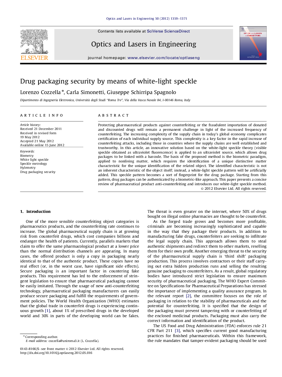 Drug packaging security by means of white-light speckle