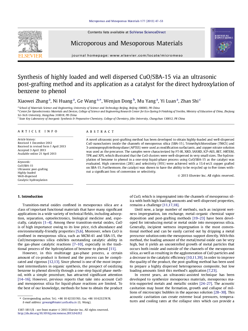 Synthesis of highly loaded and well dispersed CuO/SBA-15 via an ultrasonic post-grafting method and its application as a catalyst for the direct hydroxylation of benzene to phenol