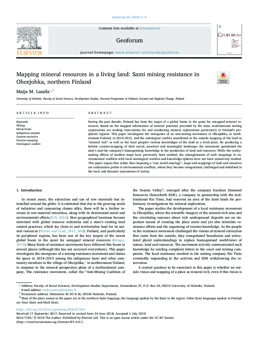 Mapping mineral resources in a living land: Sami mining resistance in Ohcejohka, northern Finland