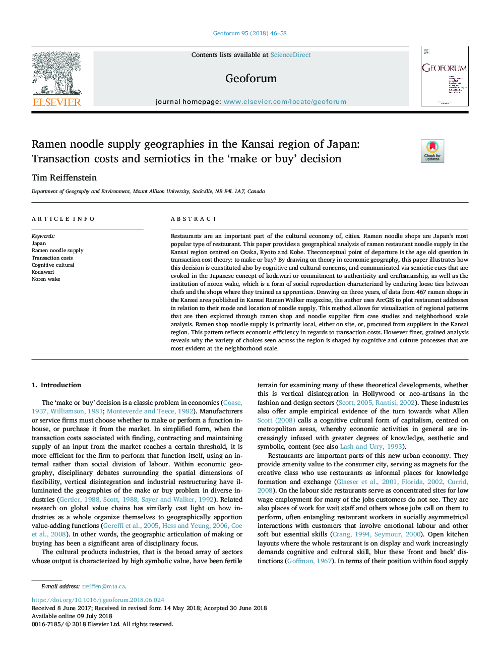 Ramen noodle supply geographies in the Kansai region of Japan: Transaction costs and semiotics in the 'make or buy' decision