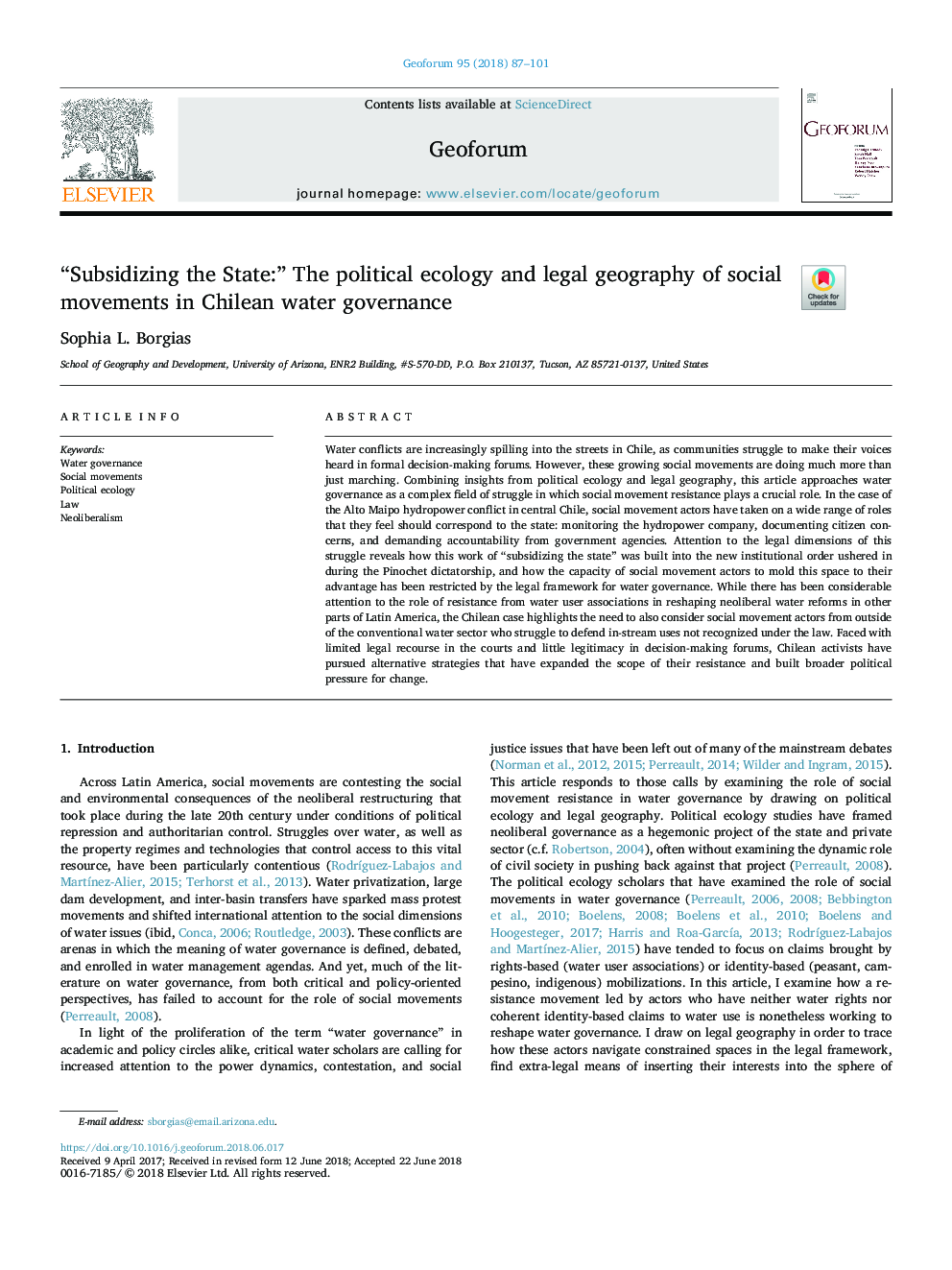 “Subsidizing the State:” The political ecology and legal geography of social movements in Chilean water governance